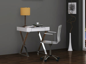 27" Small Modern White Lacquer Desk with Stainless Steel Frame