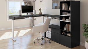 88" Black and White Adjustable L-Desk with Storage Complex