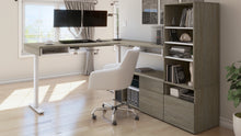 Load image into Gallery viewer, 88&quot; Twin Monitor Walnut Gray Standing L-Shaped Desk
