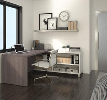 Load image into Gallery viewer, Modern Bark Grey and White L-Shaped Office Desk with Built-In Shelves
