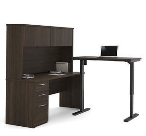 L-Shaped Adjustable Office Desk with Hutch in Dark Chocolate