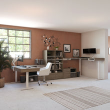 Load image into Gallery viewer, Pair of 88&quot; Walnut Gray L-Desks with Twin Monitor Support
