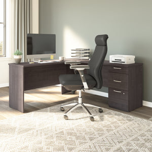 65" L-Shaped Desk with 3 Drawers in Charcoal Maple