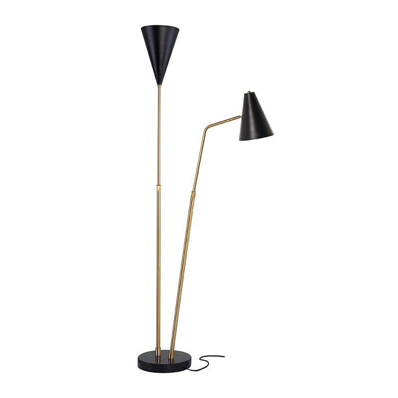 Sophisticated Black Steel and Brushed Gold Floor Lamp with Black Marble Base