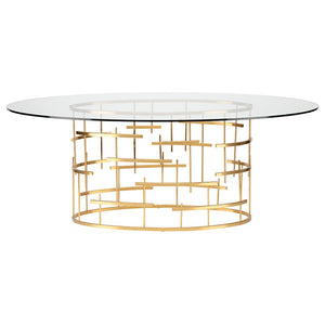 77" Oval Glass & Gold Meeting Table w/ Cross Hatch Design