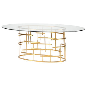 77" Oval Glass & Gold Meeting Table w/ Cross Hatch Design