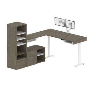 88" Twin Monitor Walnut Gray Standing L-Shaped Desk