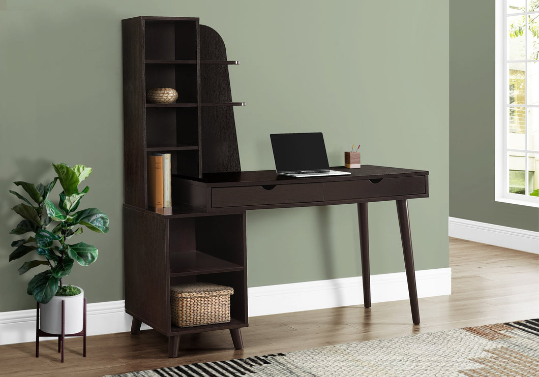Eccentric Espresso Desk with Built-in Bookcase & Drawers