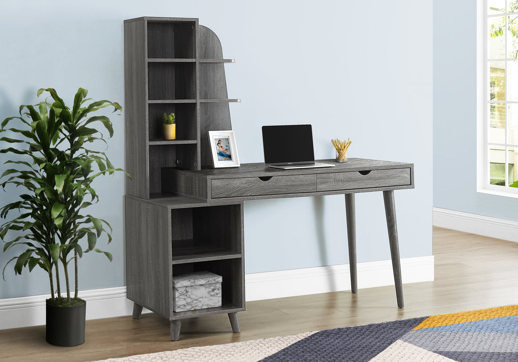 Eccentric Gray Woodgrain Desk with Built-in Bookcase & Drawers
