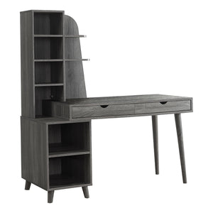 Eccentric Gray Woodgrain Desk with Built-in Bookcase & Drawers