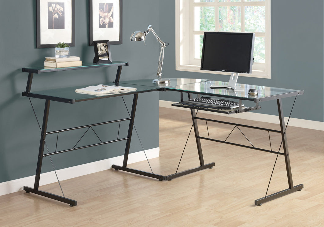 Glass and Black Geometric Corner Desk with Shelf