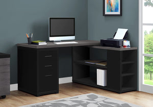 60" L-Shaped Black & Gray Woodgrain Desk with Built-in Credenza