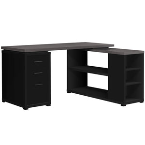 60" L-Shaped Black & Gray Woodgrain Desk with Built-in Credenza