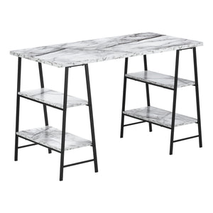 48" Twin Ladder Desk in White Marble-Look & Black
