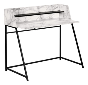 48" Desk with High Sides & Shelf in White Marble-Look/Black