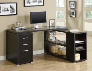 Modern Cappuccino L-Shaped Desk with File Drawer & Open Shelving