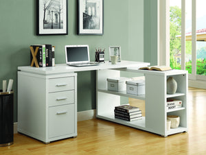 60" X 47" Modern White L-Shaped Desk with File Drawer & Open Shelving