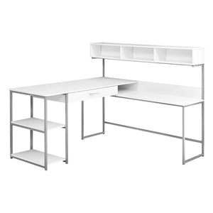 White & Silver Metal 59" L-Shaped Corner Desk
