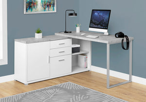 Practical White & Cement Corner Office Desk w/ Shelves & Drawers