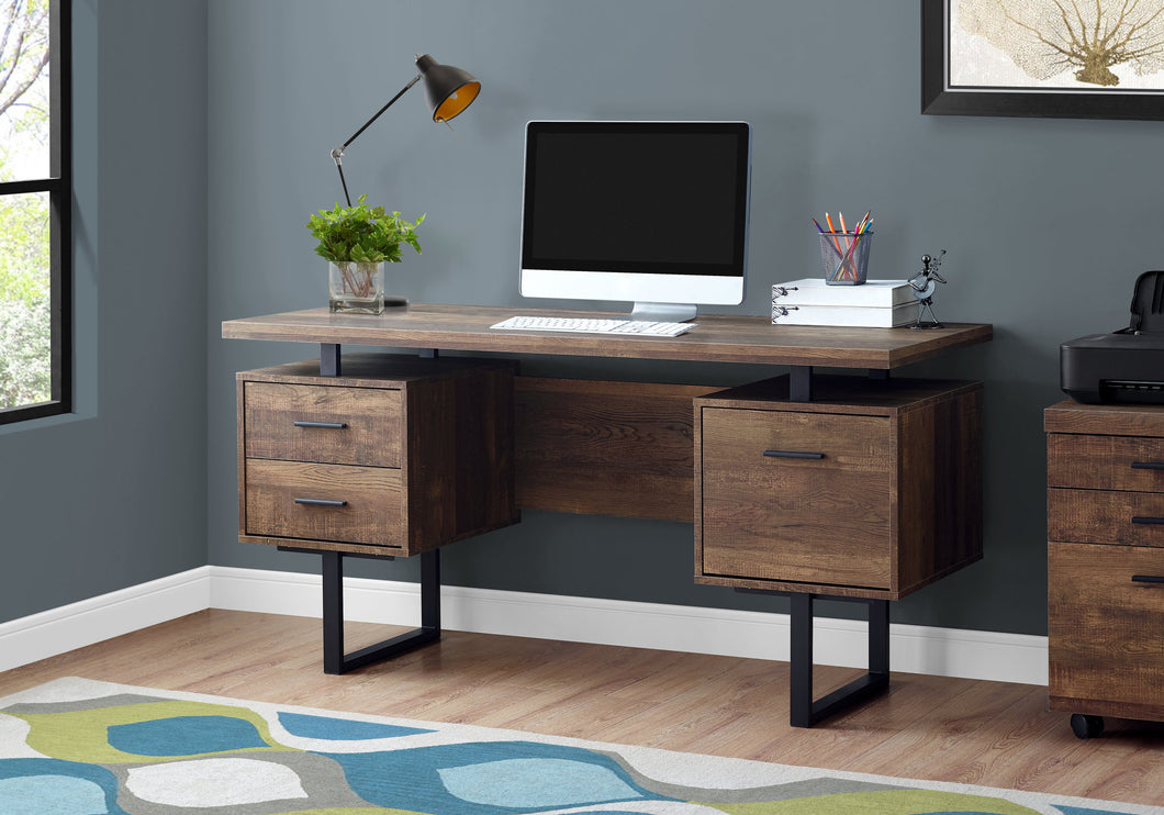 Durable Brown Wood Grain & Black Metal Computer Desk
