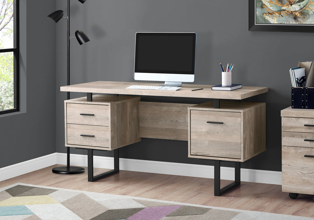 Durable Taupe Wood Grain & Black Metal Computer Desk