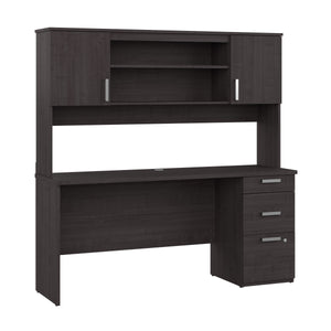 65" Modern Compact Desk with Hutch in Charcoal Maple
