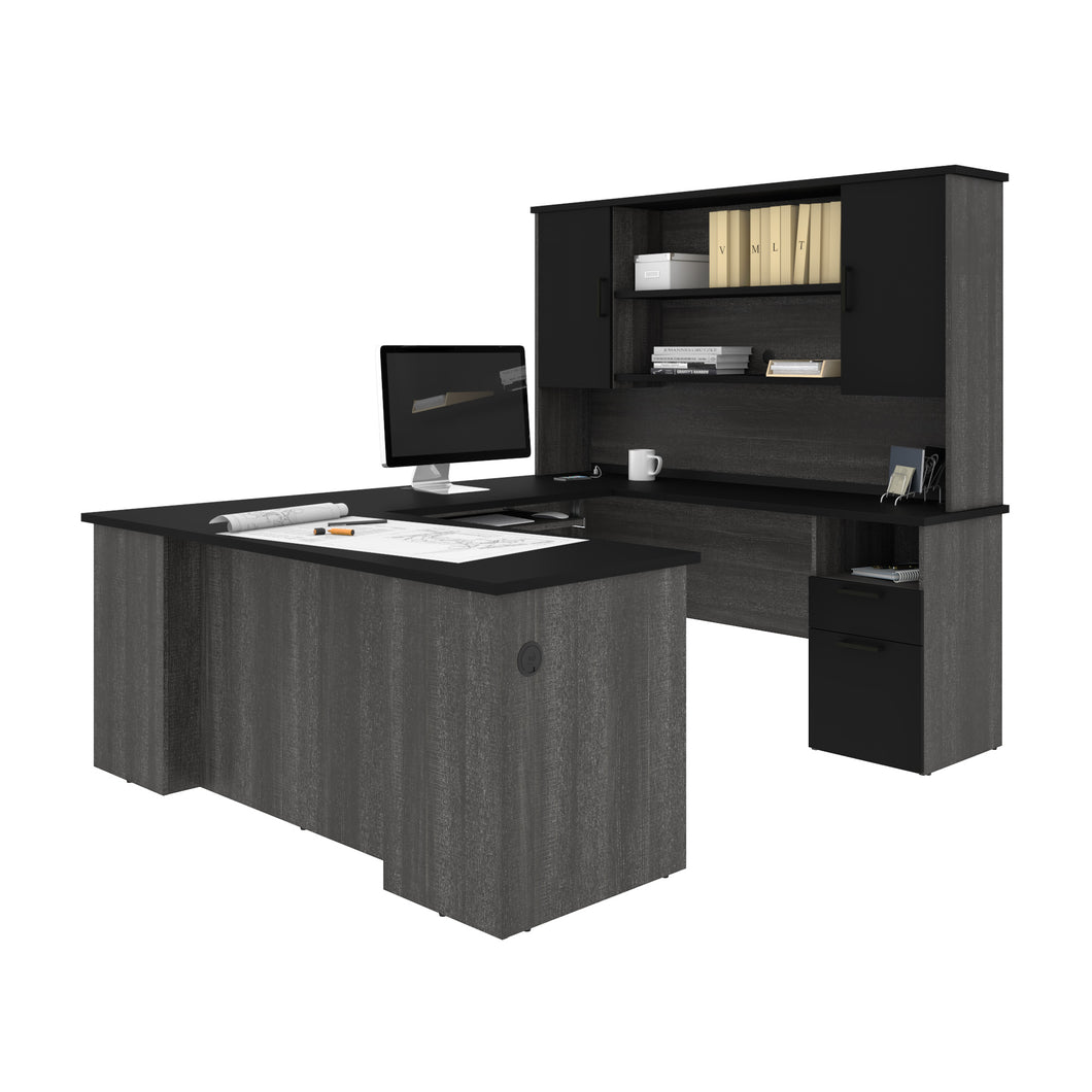 Modern U-shaped Desk with Hutch in Bark Gray & Black