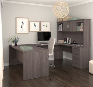 Modern Premium U-shaped Desk with Hutch in Bark Gray