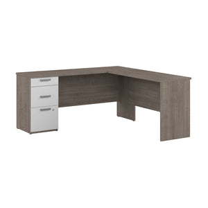 65" Silver Maple & White L-Desk with Built-in File Cabinet