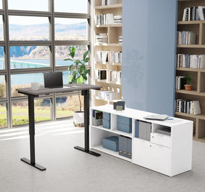 Adjustable Bark Grey Office Desk with White Credenza