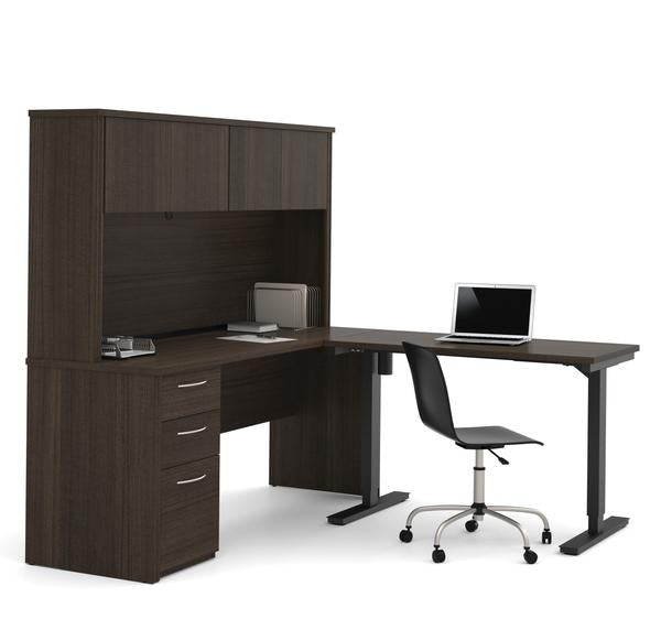 L-Shaped Adjustable Office Desk with Hutch in Dark Chocolate