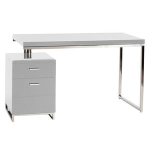 Modern White Lacquer & Chrome Office Desk with Attached Drawers