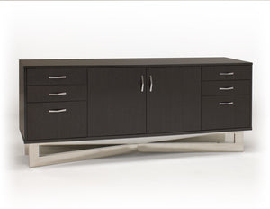 Modern 75" Glossy Gray Oak Credenza with Stainless Steel Base