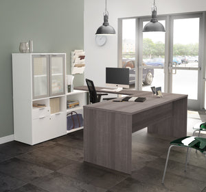 Bark Gray and White 71" U-Shaped Desk with Privacy Glass Hutch