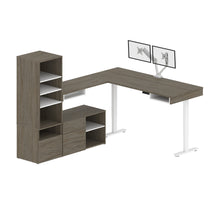 Load image into Gallery viewer, Pair of 88&quot; Walnut Gray L-Desks with Twin Monitor Support
