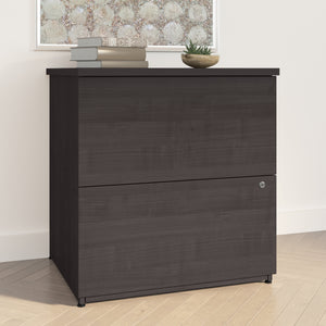 65" Modern Compact Desk with Hutch in Charcoal Maple