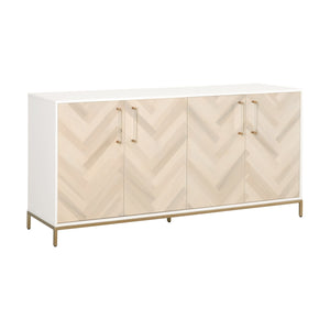 71" White & Brass Storage Credenza with Herringbone-Patterned Doors