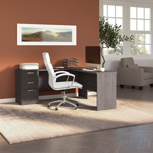 65" Charcoal Maple L-Desk with Built-in File Cabinet