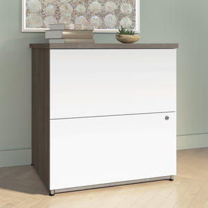 65" Modern Compact Desk with Hutch in Silver Maple & White