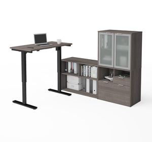 Standing Desk Set with Credenza and Hutch in Bark Gray and White