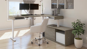 71" Dual Monitor Adjustable Desk with Credenza in Walnut Gray and White