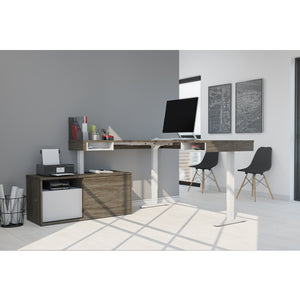 71" Adjustable-height Standing Desk in Walnut Gray and White with Credenza