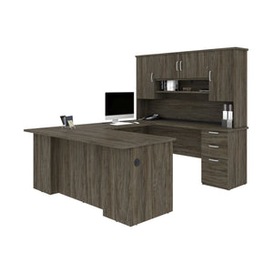Walnut Gray 71" Convertible U- or L-Shaped Desk with Hutch & Built-in Power