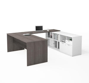 U-Shaped Bark Grey Office Desk and White Credenza