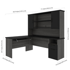 71" x 59" L-shaped Desk with Hutch in Bark Gray & Black