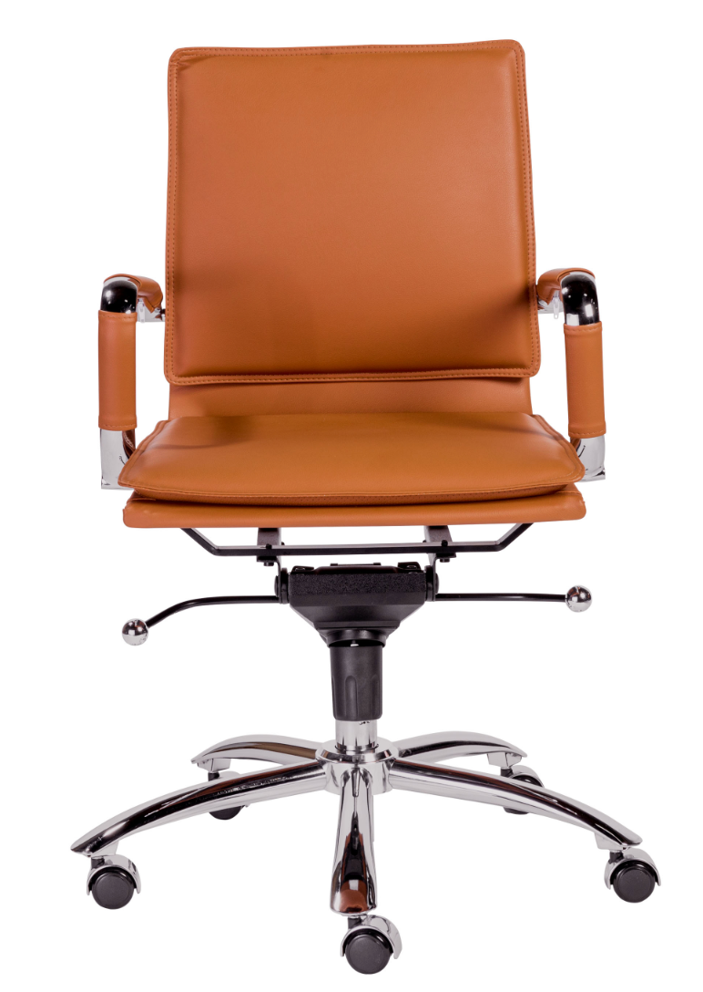 Modern Low Back Leather & Chrome Office Chair in Cognac