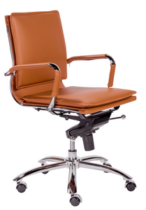 Modern Low Back Leather & Chrome Office Chair in Cognac