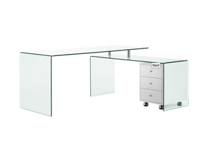 Ultra Modern L-shaped Glass Desk with White Cabinet