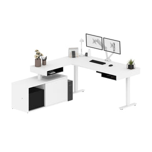 71" Adjustable Desk in White & Black with Dual Monitor Arms and Credenza
