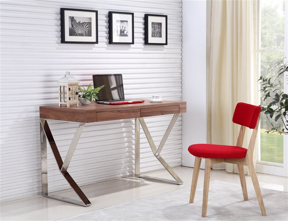 Sleek Two Drawer Walnut Office Desk with Modern Stainless Legs
